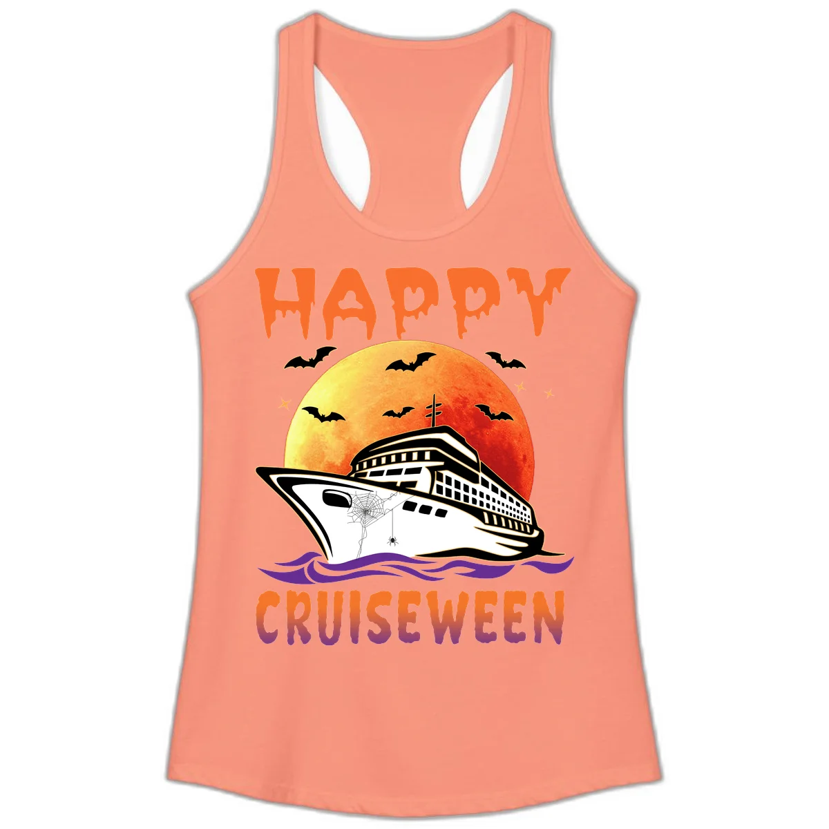 Happy Cruiseween Ladies Spooky Cruise Tank in Solid Light Orange