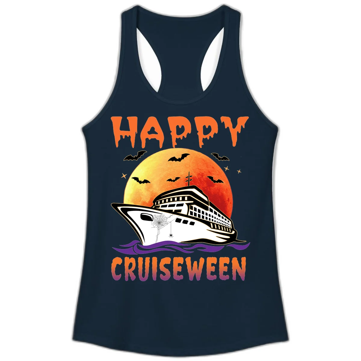 Happy Cruiseween Ladies Spooky Cruise Tank in Solid Midnight Navy