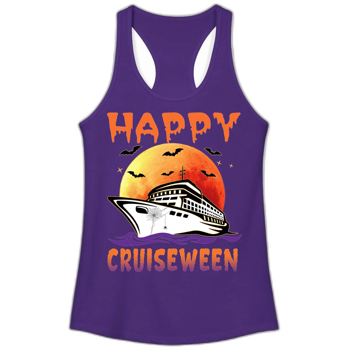 Happy Cruiseween Ladies Spooky Cruise Tank in Solid Purple Rush