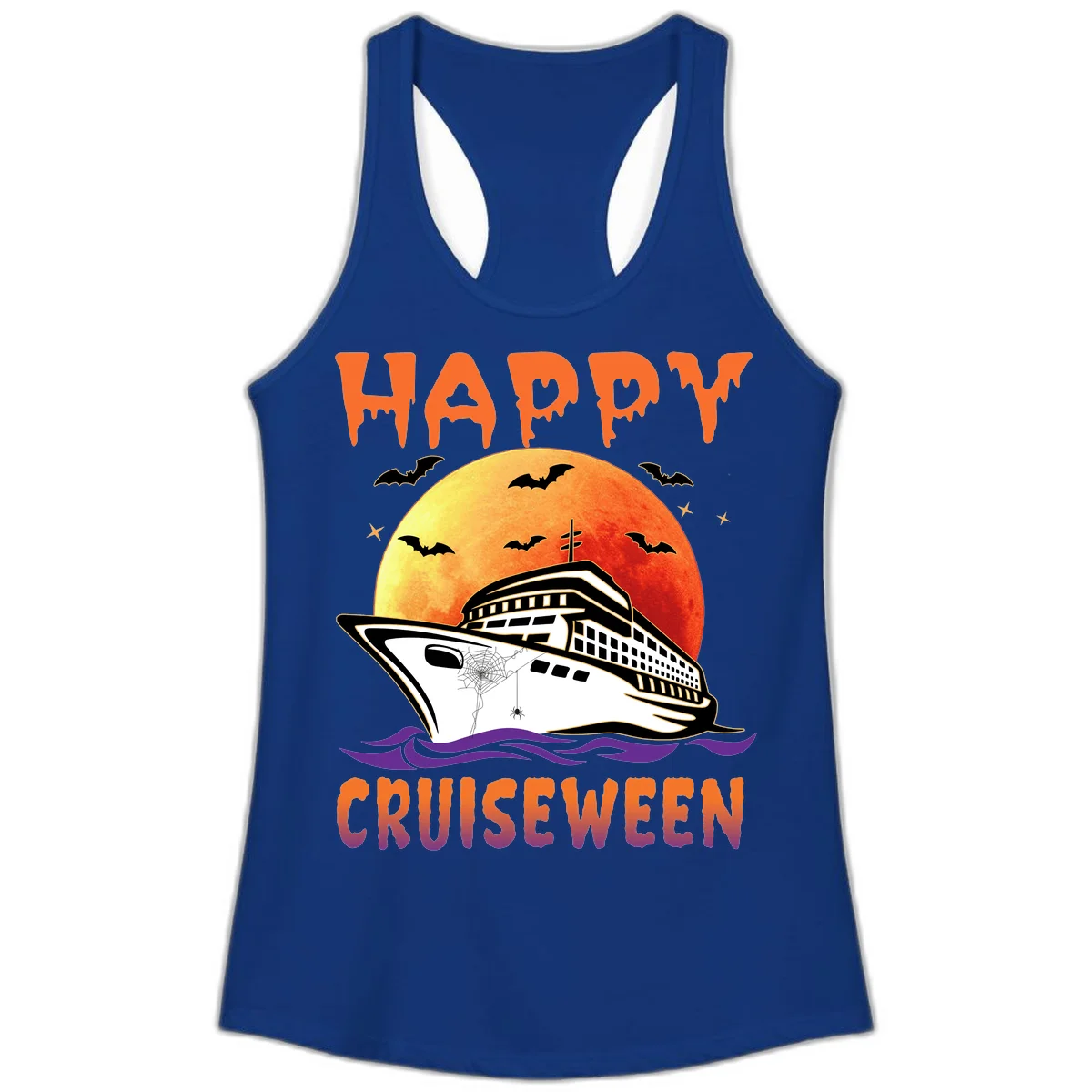 Happy Cruiseween Ladies Spooky Cruise Tank in Solid Royal