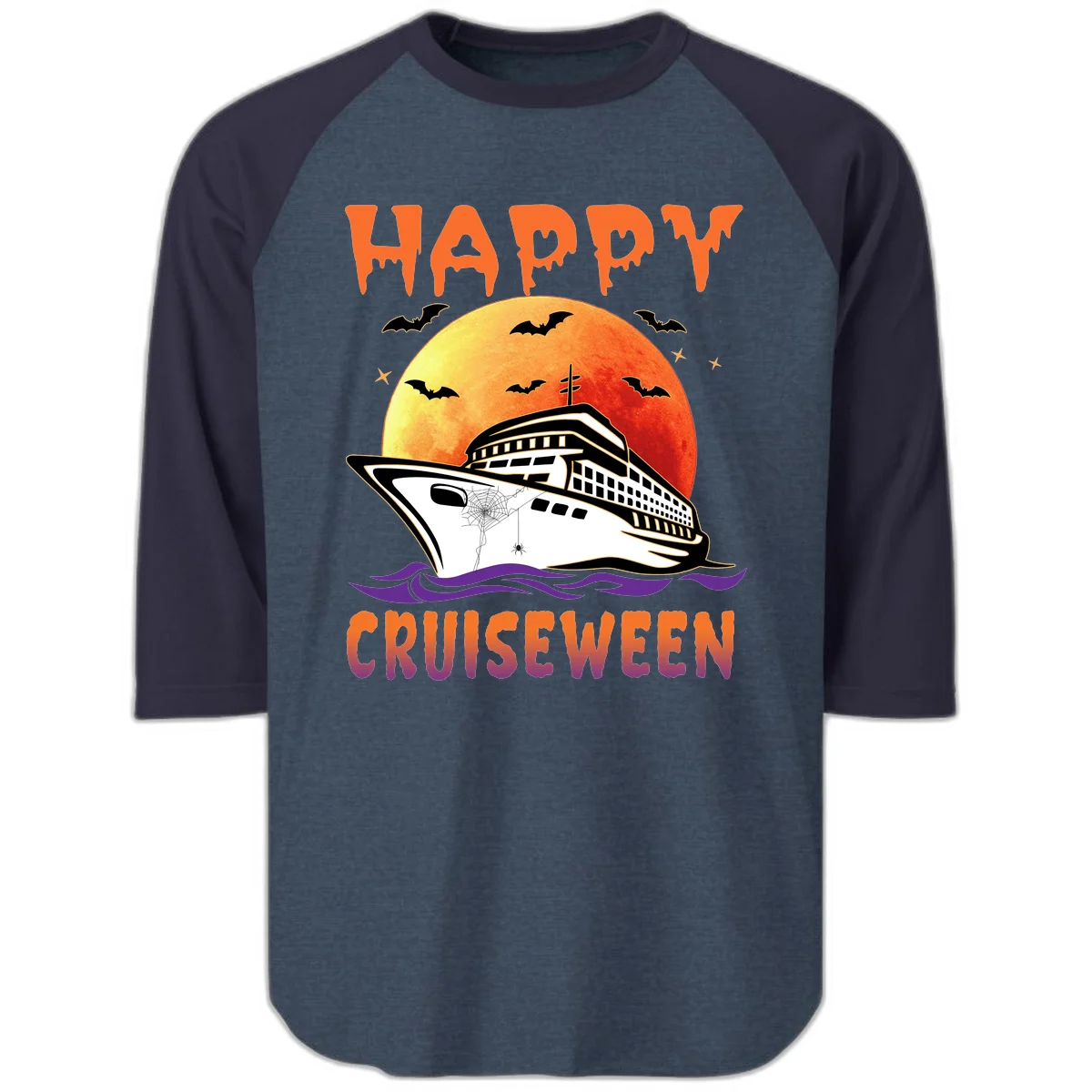 Happy Cruiseween Spooky Ship Raglan Shirt in Heather Denim Navy