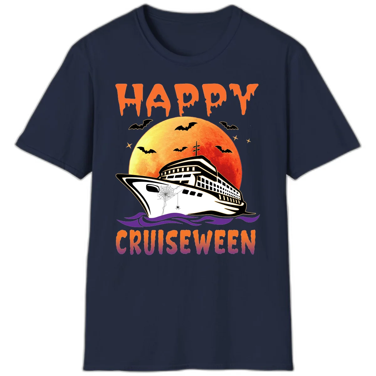Happy Cruiseween Spooky Ship Halloween T-Shirt in Navy