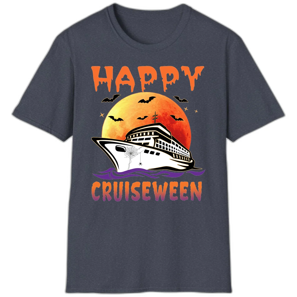 Happy Cruiseween Spooky Ship Halloween T-Shirt in Heather Navy