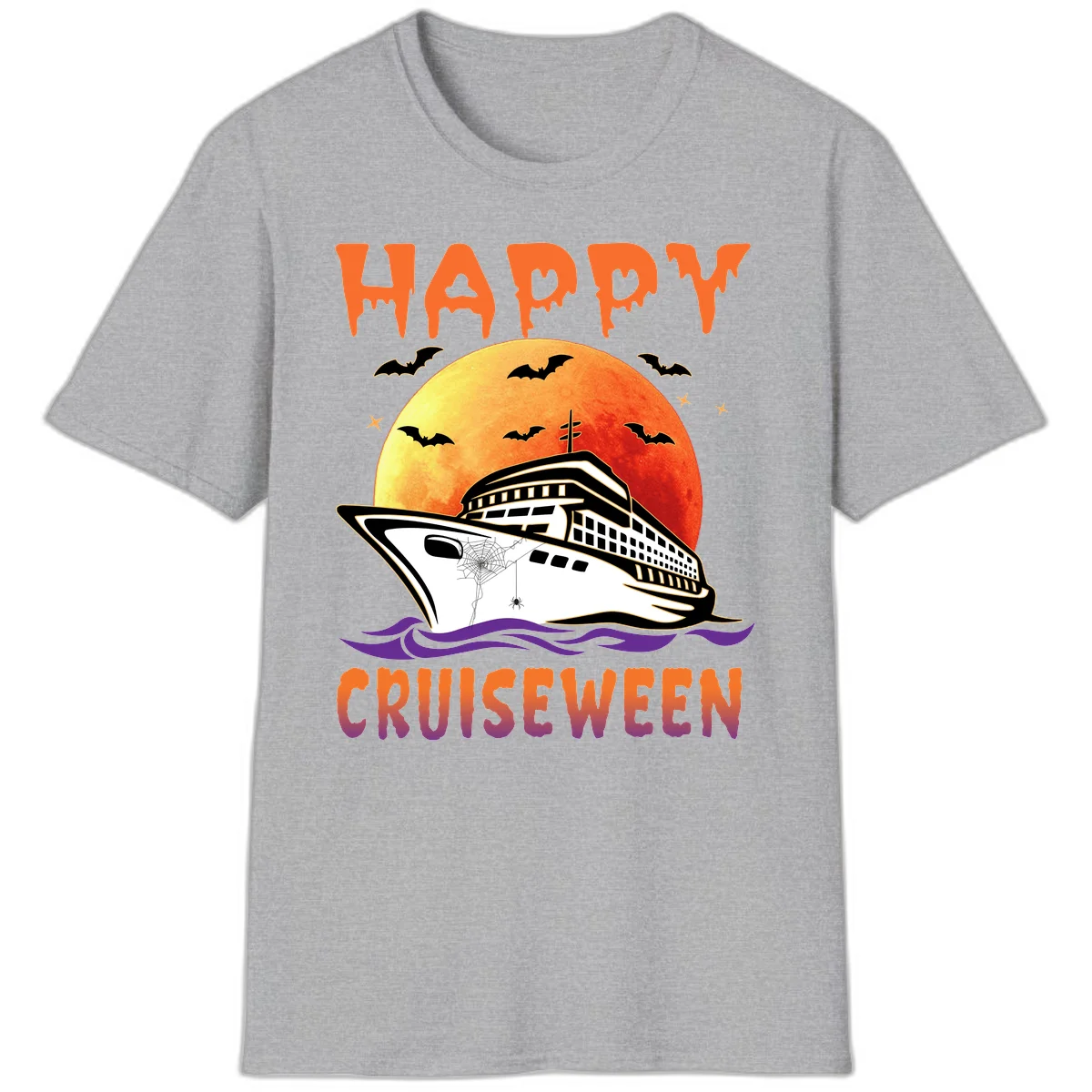 Happy Cruiseween Spooky Ship Halloween T-Shirt in Sport Grey