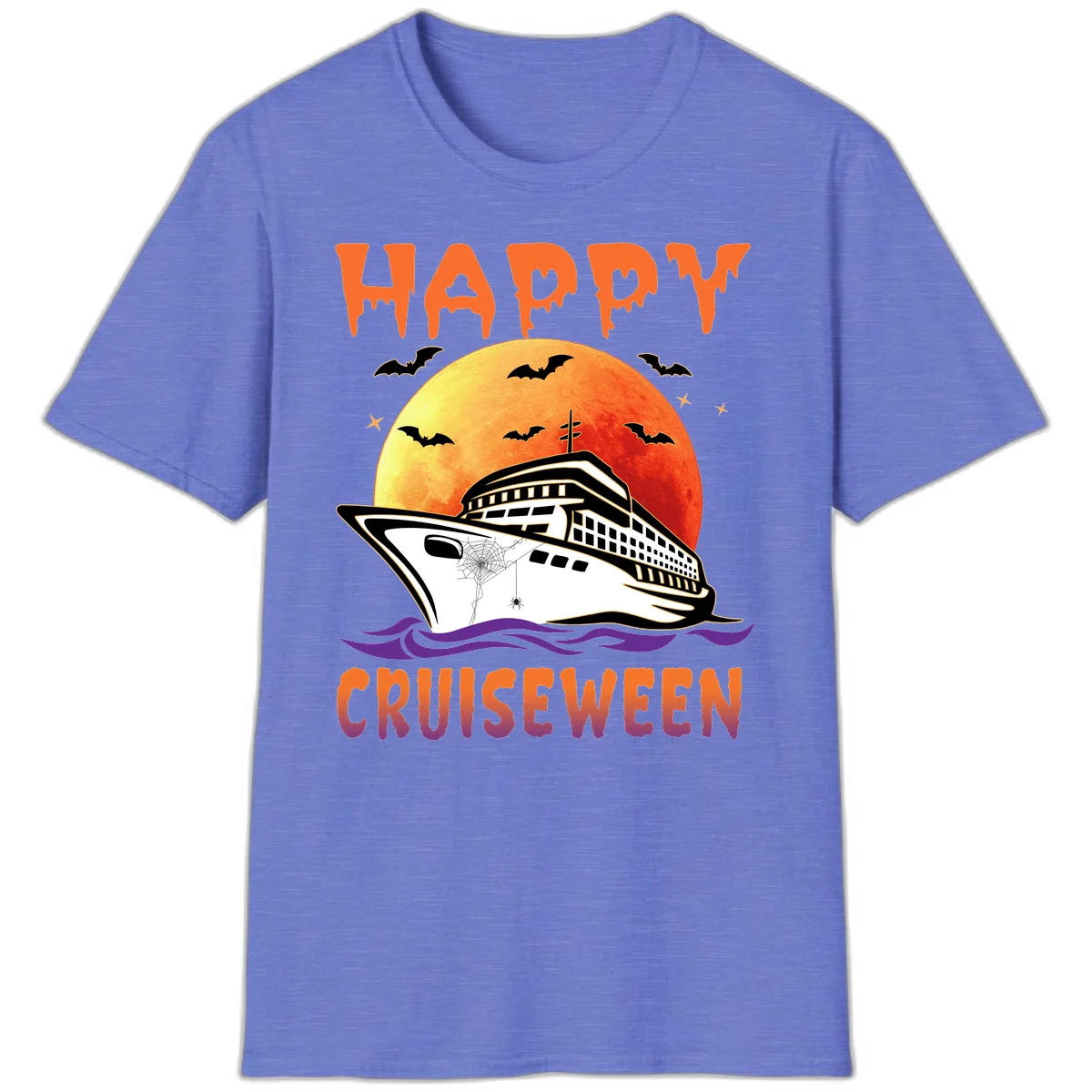 Happy Cruiseween Spooky Ship Halloween T-Shirt in Heather Royal
