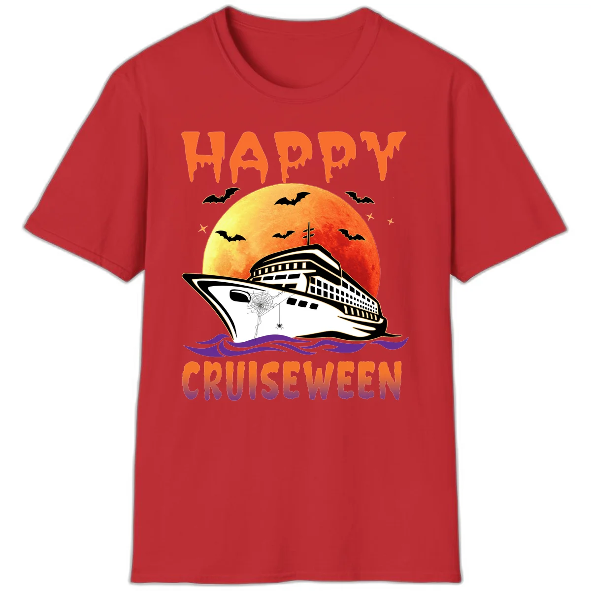 Happy Cruiseween Spooky Ship Halloween T-Shirt in Red