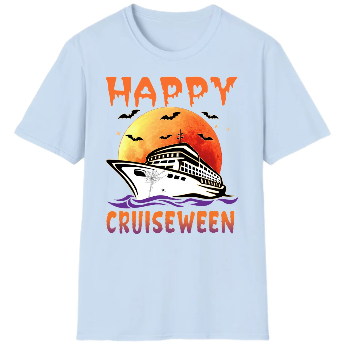 Happy Cruiseween Spooky Ship Halloween T-Shirt in Light Blue