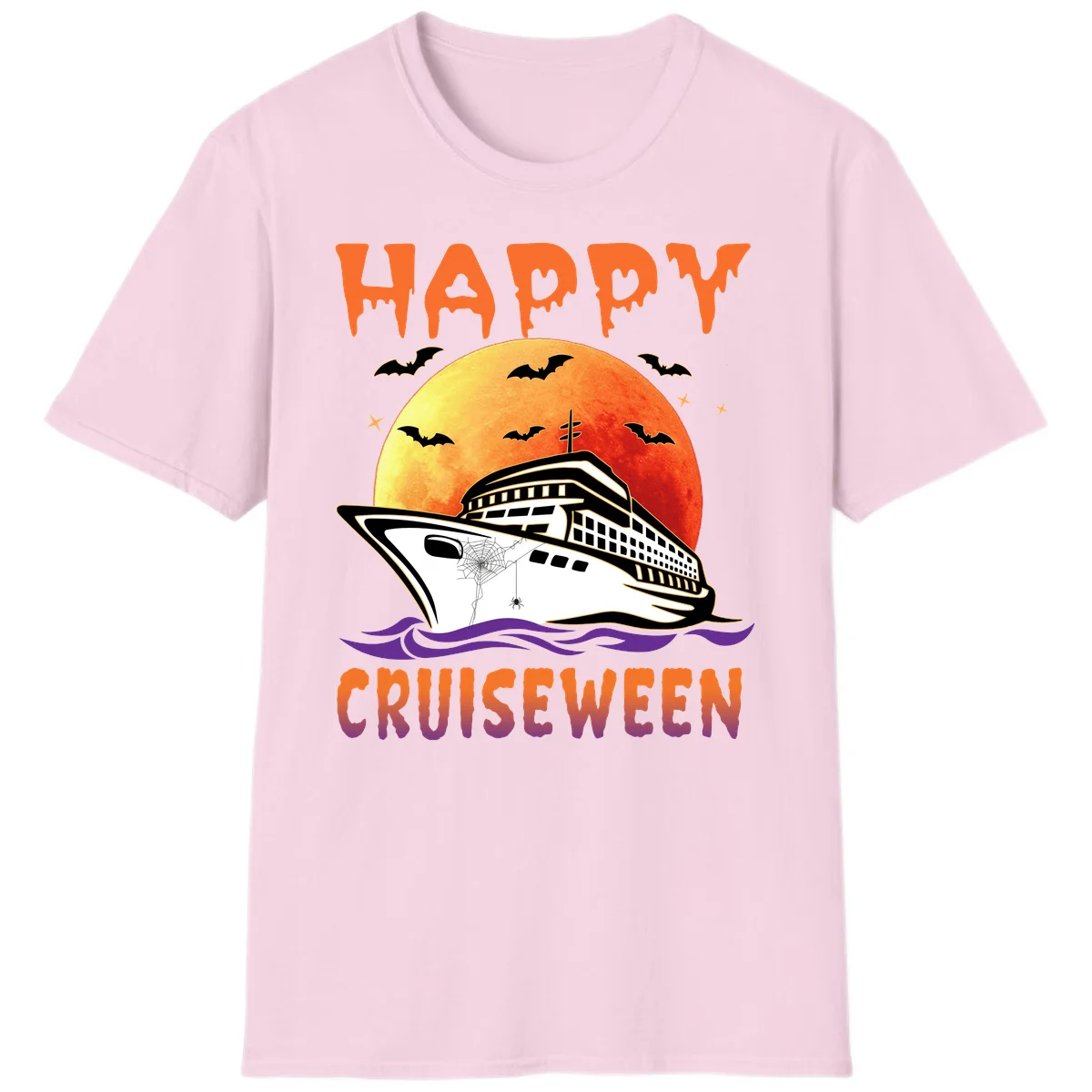 Happy Cruiseween Spooky Ship Halloween T-Shirt in Light Pink