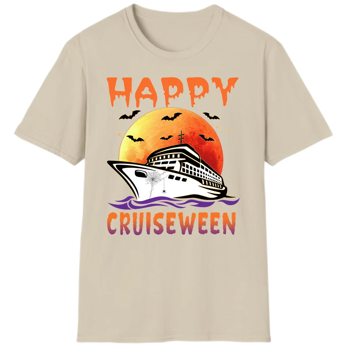 Happy Cruiseween Spooky Ship Halloween T-Shirt in Sand