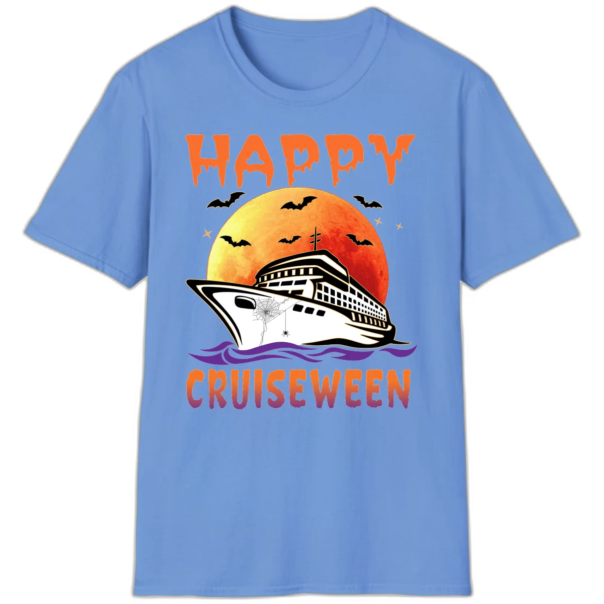 Happy Cruiseween Spooky Ship Halloween T-Shirt in Carolina Blue