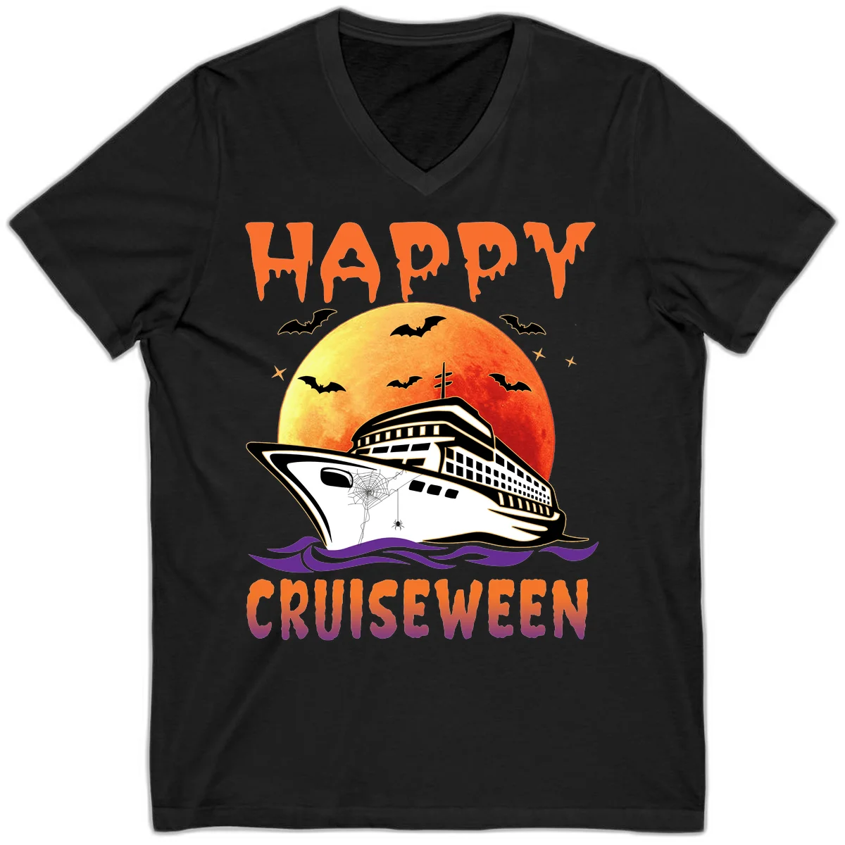 Happy Cruiseween Spooky Ship V-Neck Tee in Black
