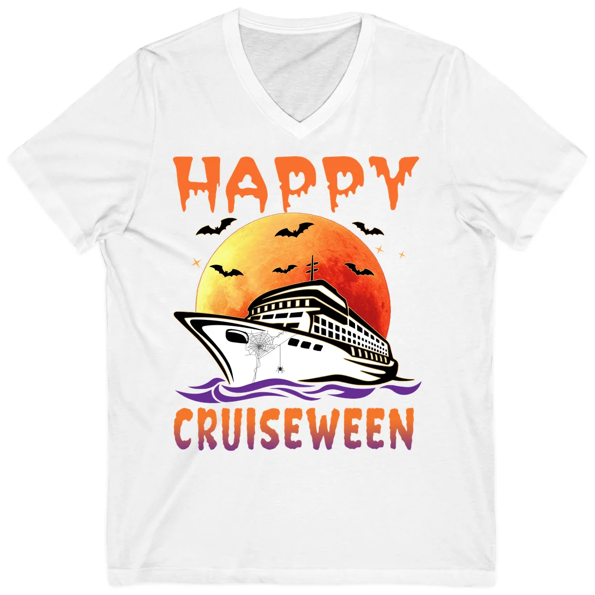 Happy Cruiseween Spooky Ship V-Neck Tee in White