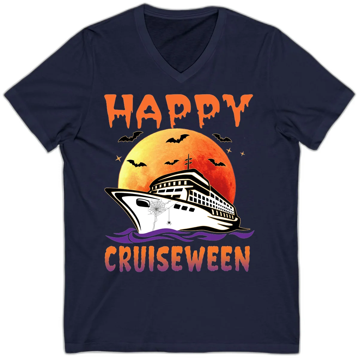 Happy Cruiseween Spooky Ship V-Neck Tee in Navy