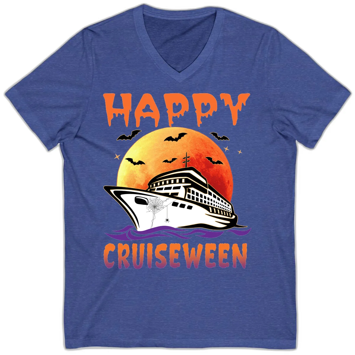 Happy Cruiseween Spooky Ship V-Neck Tee in Heather True Royal