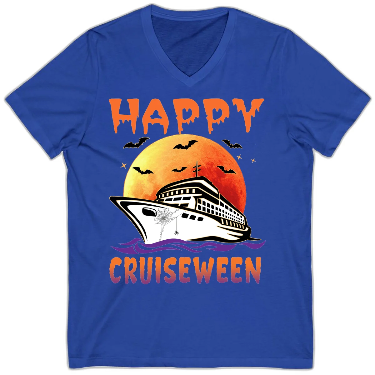 Happy Cruiseween Spooky Ship V-Neck Tee in True Royal