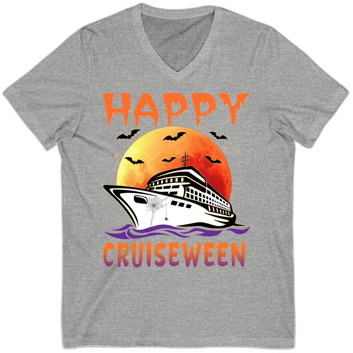 Happy Cruiseween Spooky Ship V-Neck Tee in Athletic Heather