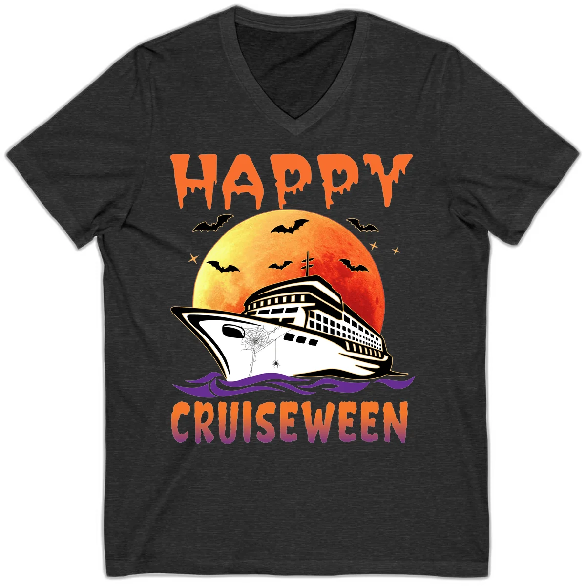 Happy Cruiseween Spooky Ship V-Neck Tee in Dark Grey Heather