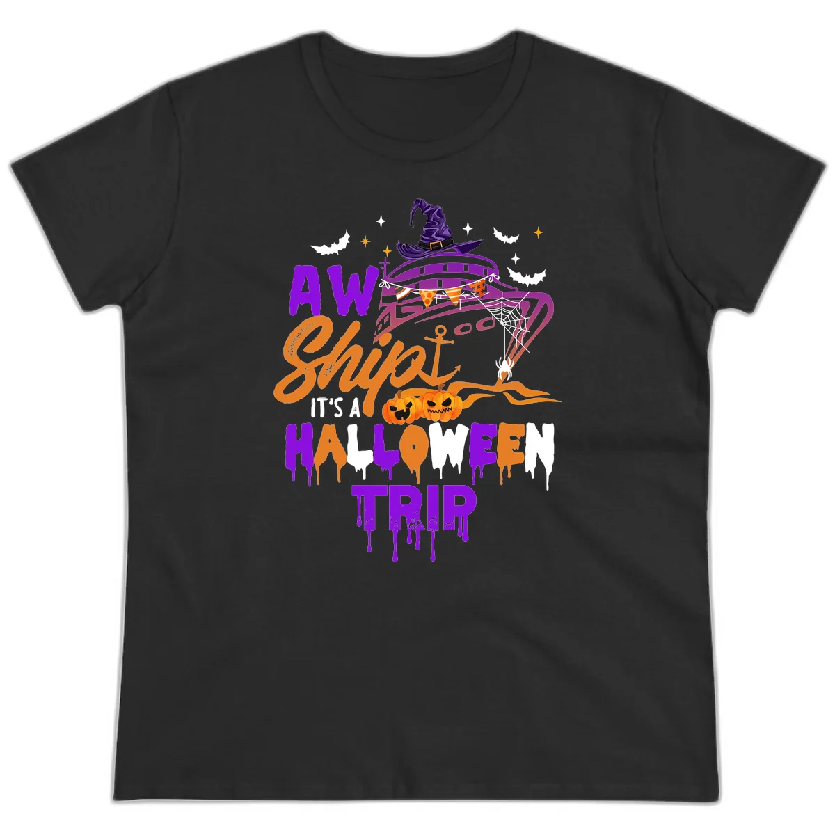 Aw Shiver Me Halloween Trip Ladies Tee in Black