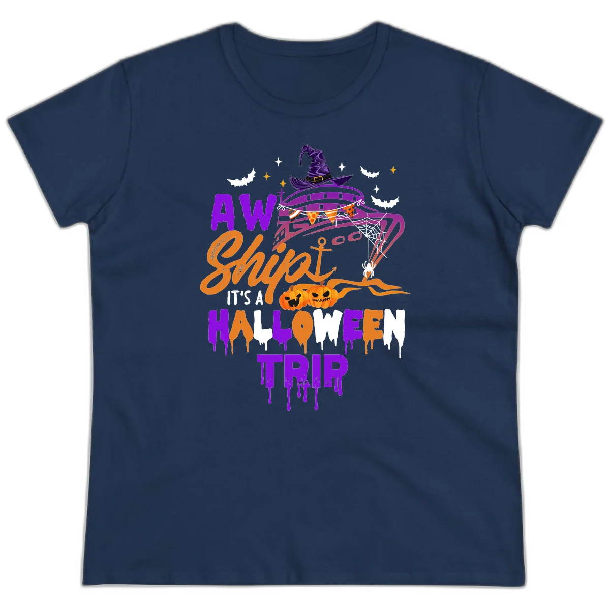 Aw Shiver Me Halloween Trip Ladies Tee in Navy