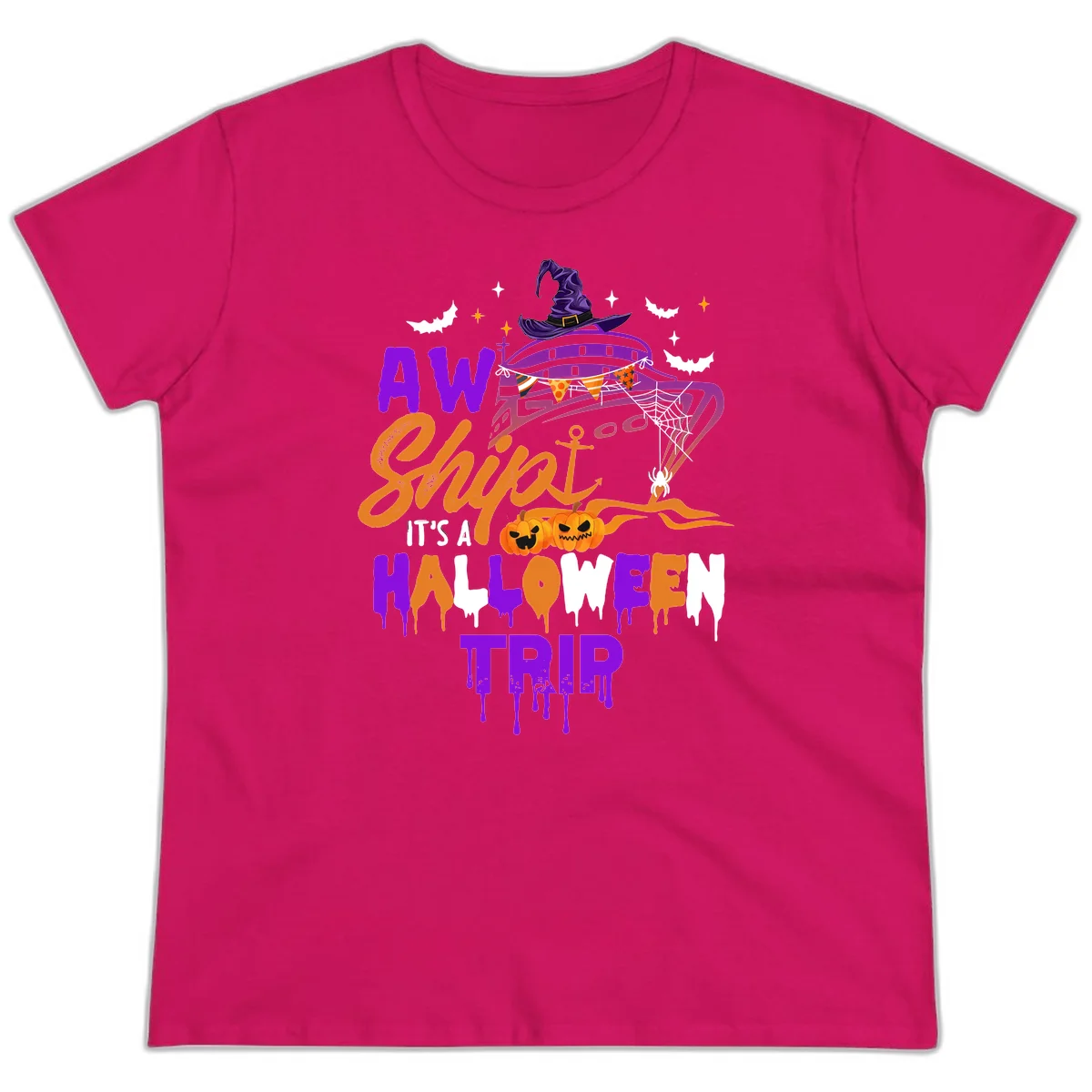 Aw Shiver Me Halloween Trip Ladies Tee in Heliconia