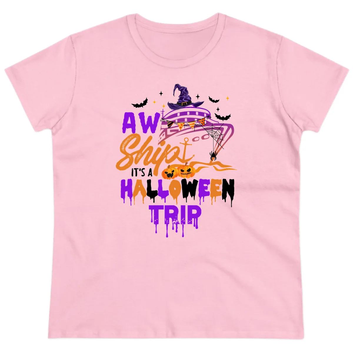 Aw Shiver Me Halloween Trip Ladies Tee in Light Pink
