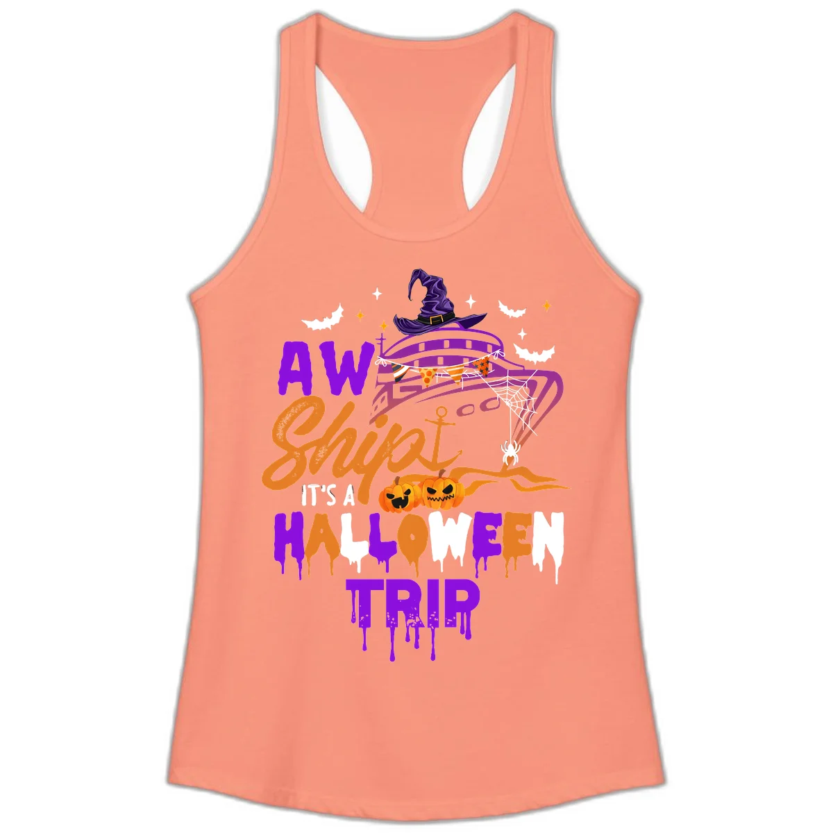 Aw Shiver Me Halloween Trip Ladies Tank in Solid Light Orange