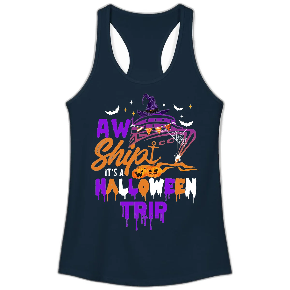 Aw Shiver Me Halloween Trip Ladies Tank in Solid Midnight Navy