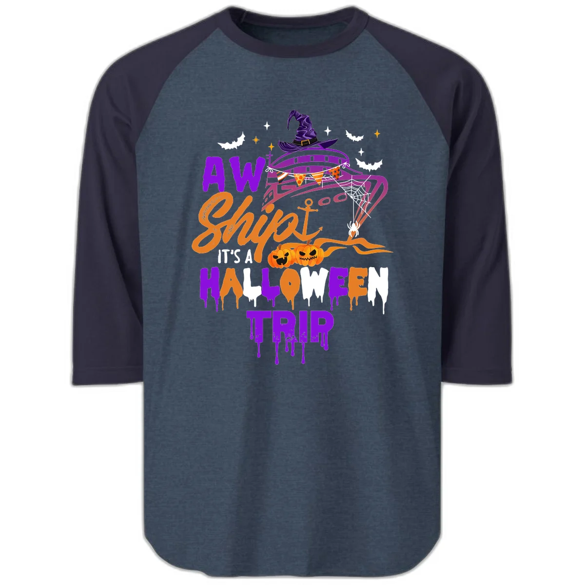 Aw Shiver Me Halloween Trip Raglan 3/4 Tee in Heather Denim Navy