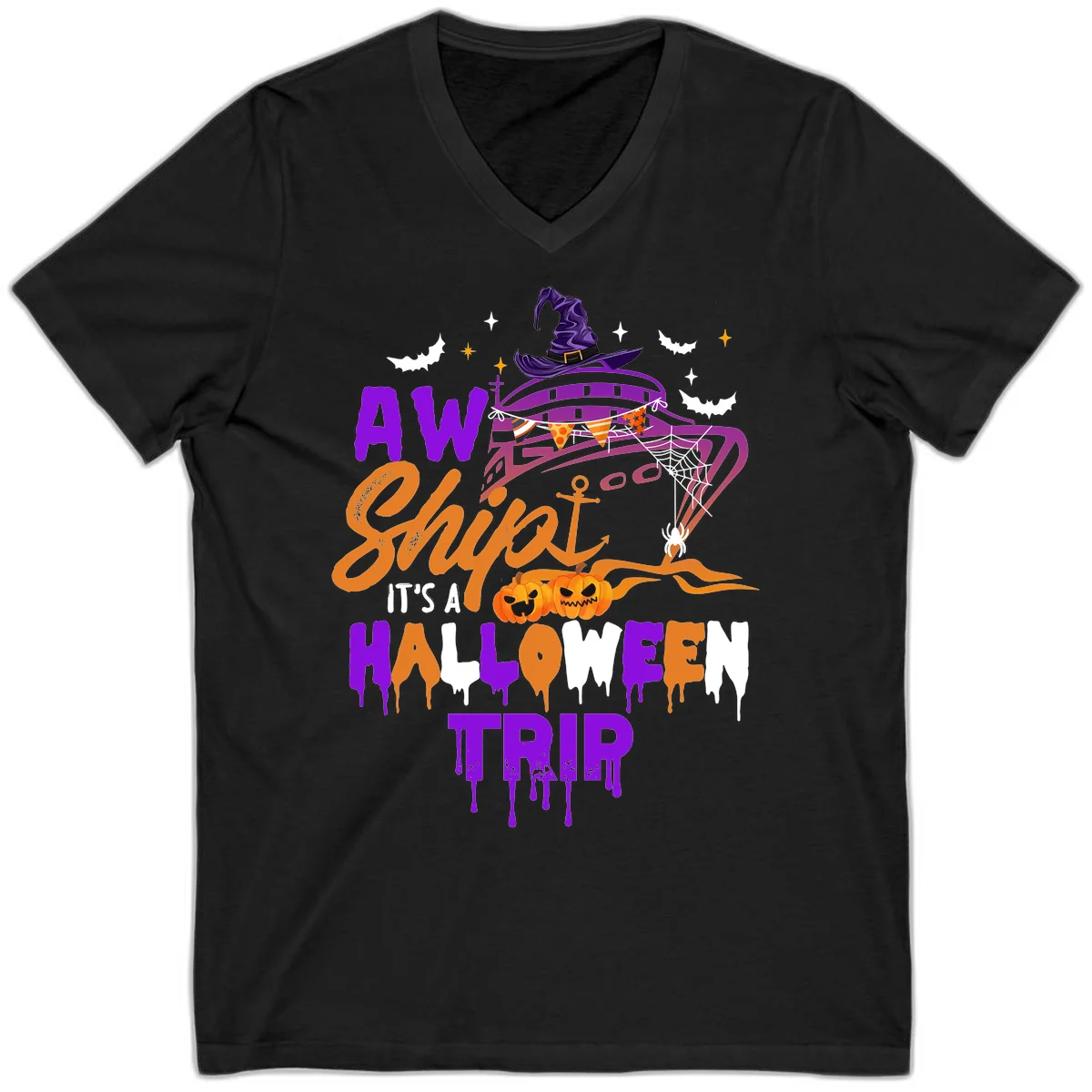 Aw Shiver Me Halloween Trip V-Neck Tee in Black