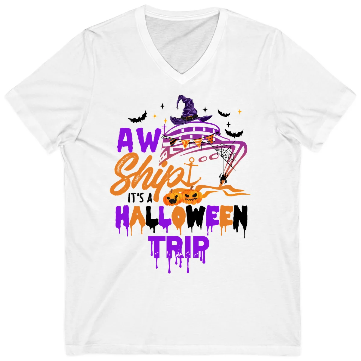 Aw Shiver Me Halloween Trip V-Neck Tee in White