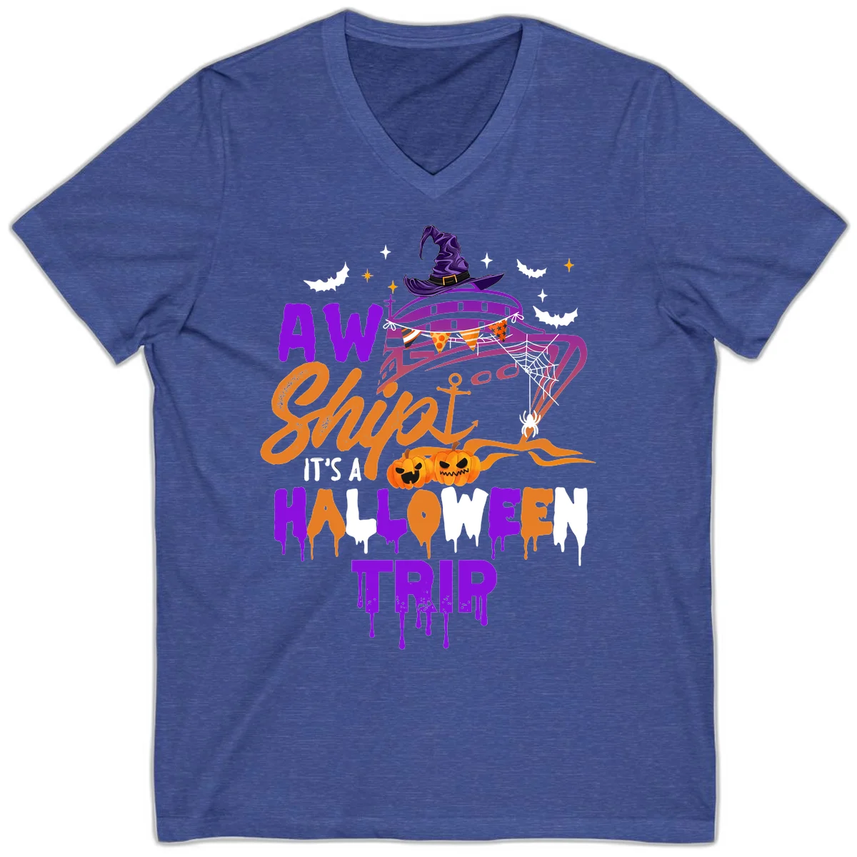 Aw Shiver Me Halloween Trip V-Neck Tee in Heather True Royal