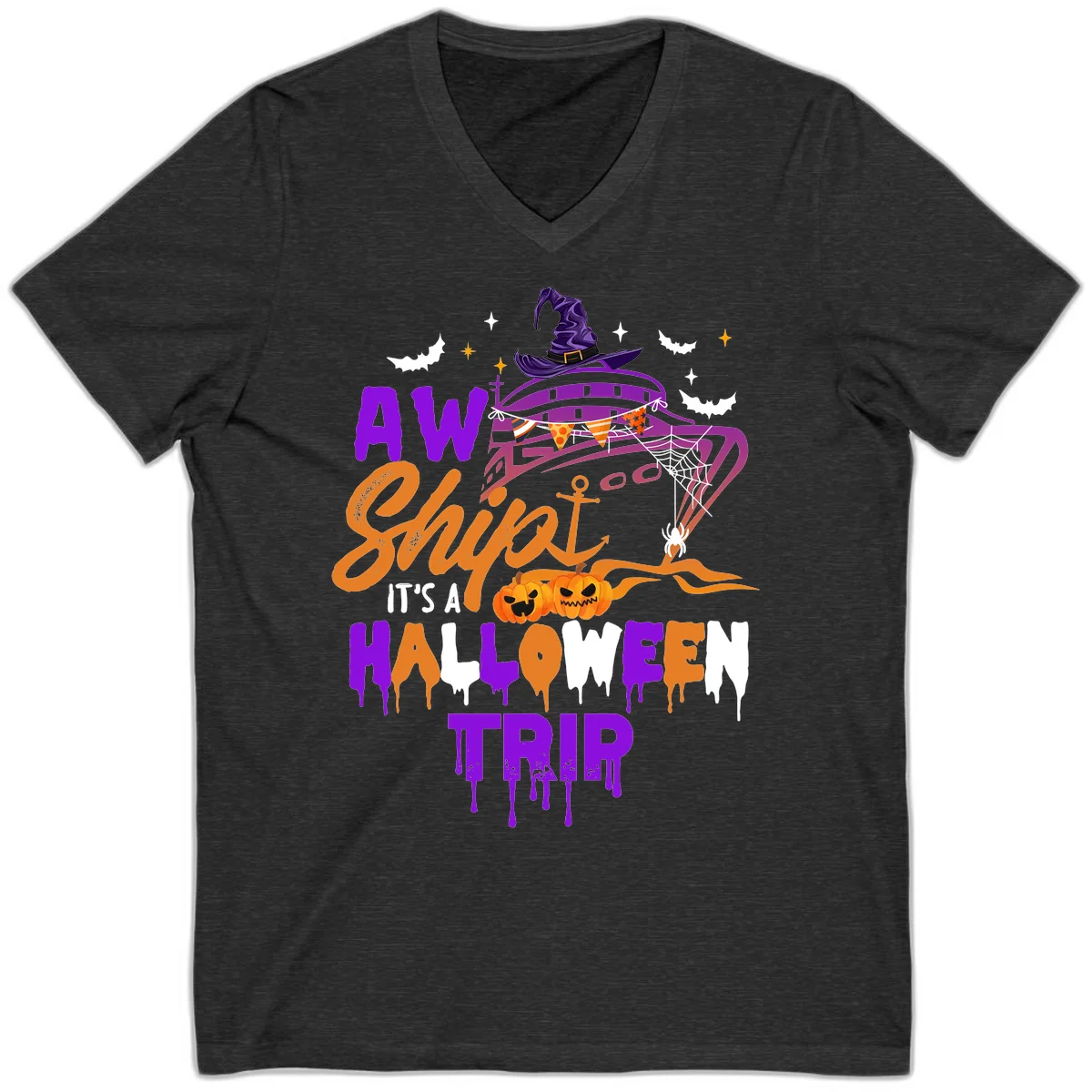 Aw Shiver Me Halloween Trip V-Neck Tee in Dark Grey Heather