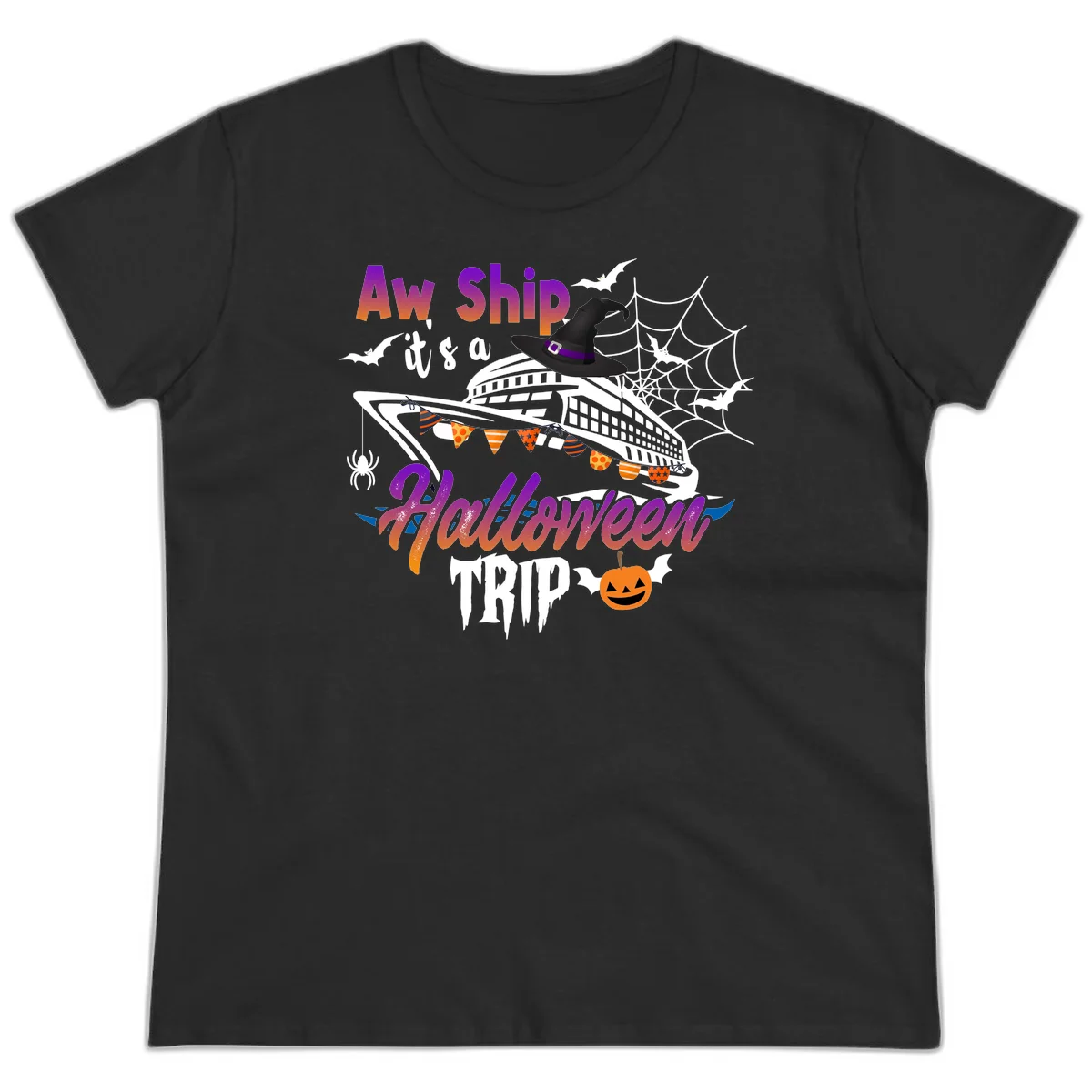 Aw Ship It's a Halloween Cruise Trip Ladies Tee in Black
