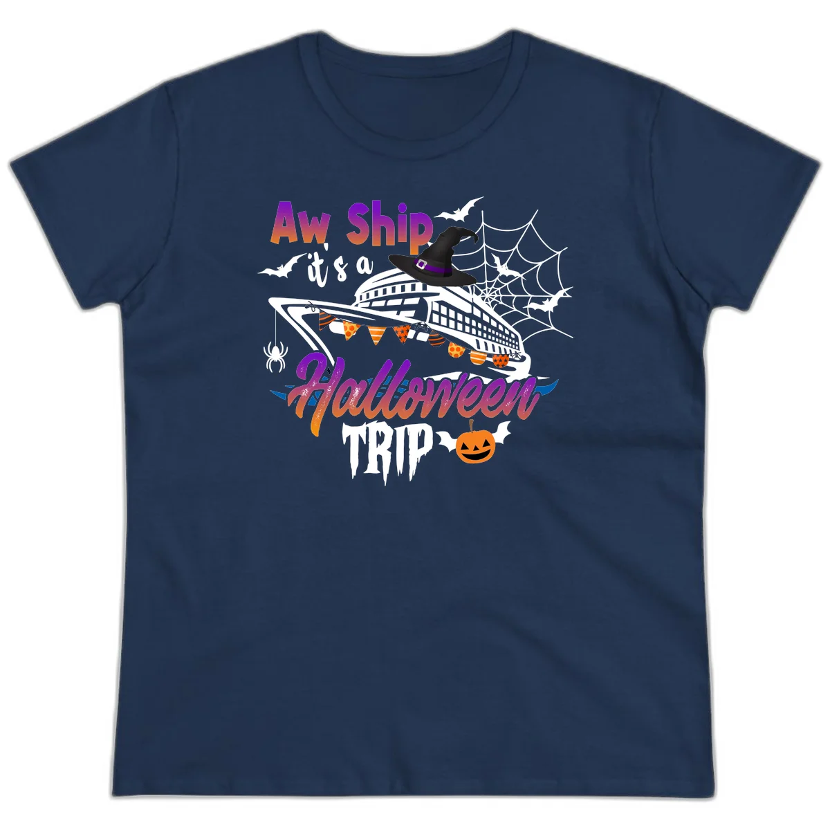 Aw Ship It's a Halloween Cruise Trip Ladies Tee in Navy