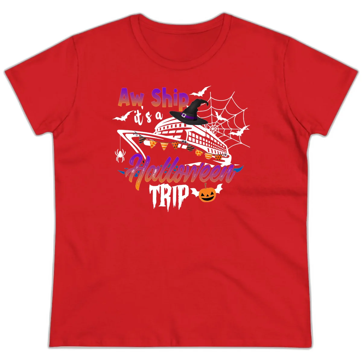 Aw Ship It's a Halloween Cruise Trip Ladies Tee in Red