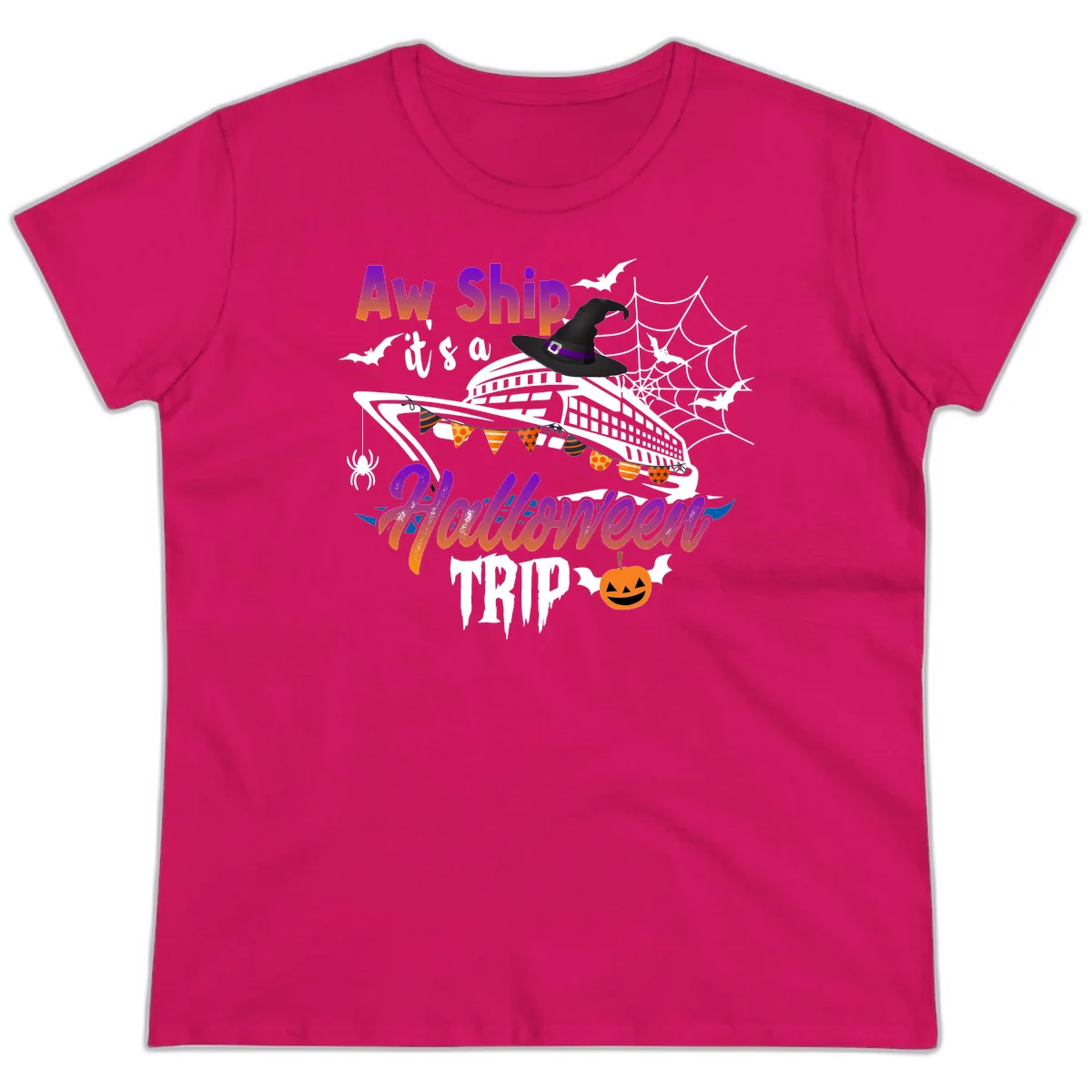 Aw Ship It's a Halloween Cruise Trip Ladies Tee in Heliconia