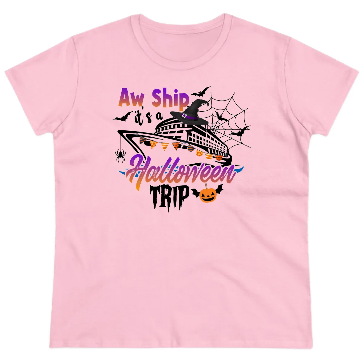 Aw Ship It's a Halloween Cruise Trip Ladies Tee in Light Pink