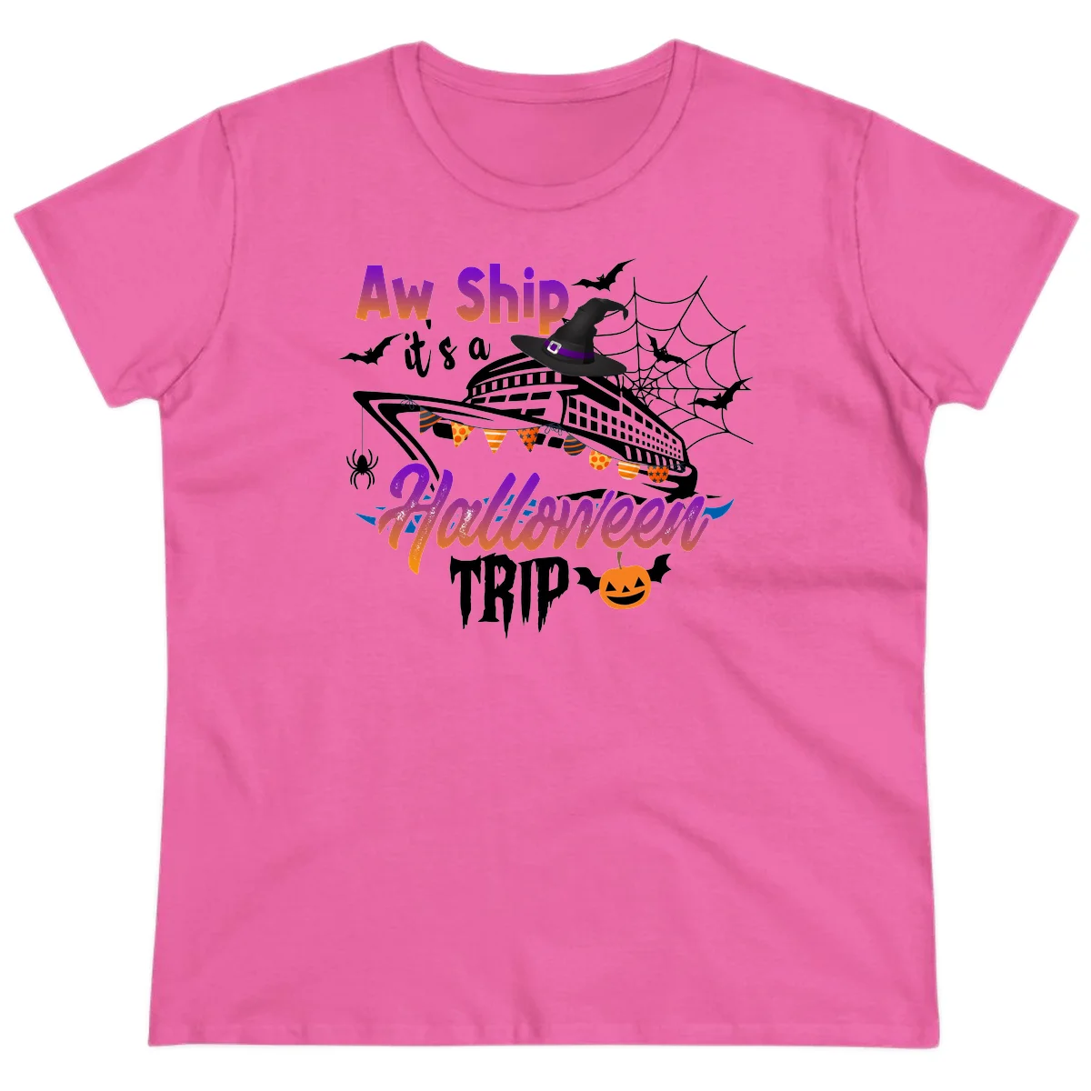 Aw Ship It's a Halloween Cruise Trip Ladies Tee in Azalea