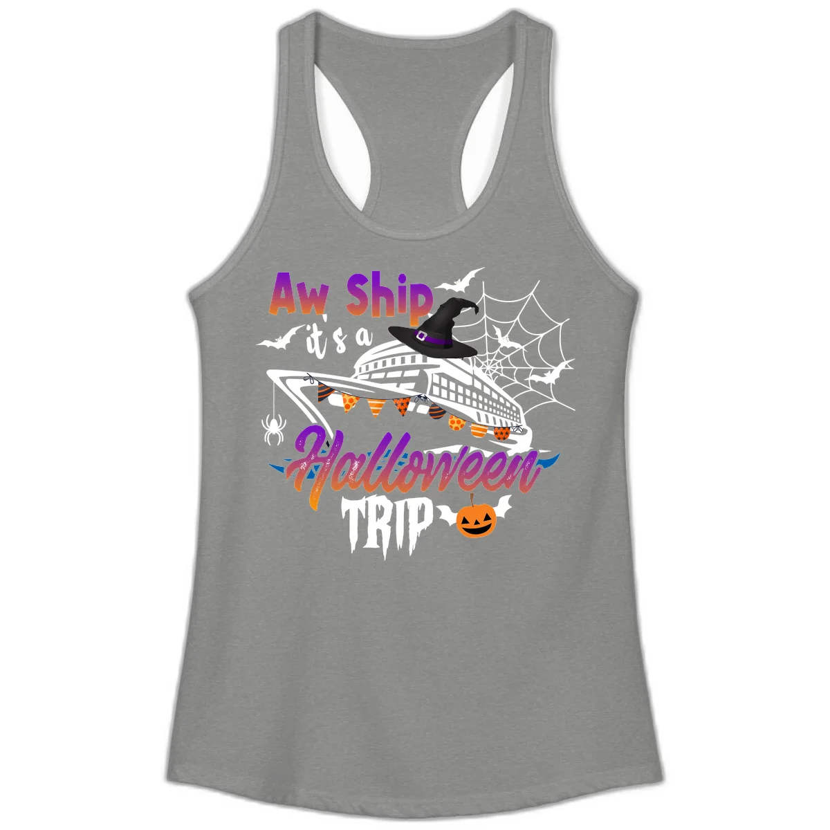 Aw Ship It's a Halloween Cruise Trip Ladies Tank in Heather Grey