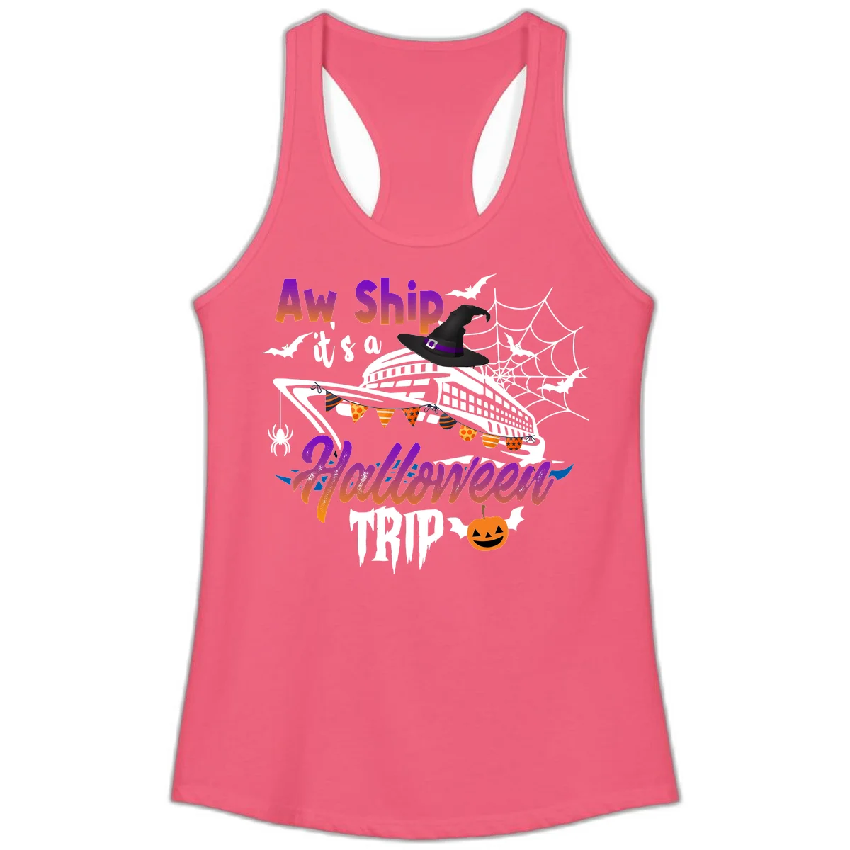 Aw Ship It's a Halloween Cruise Trip Ladies Tank in Hot Pink