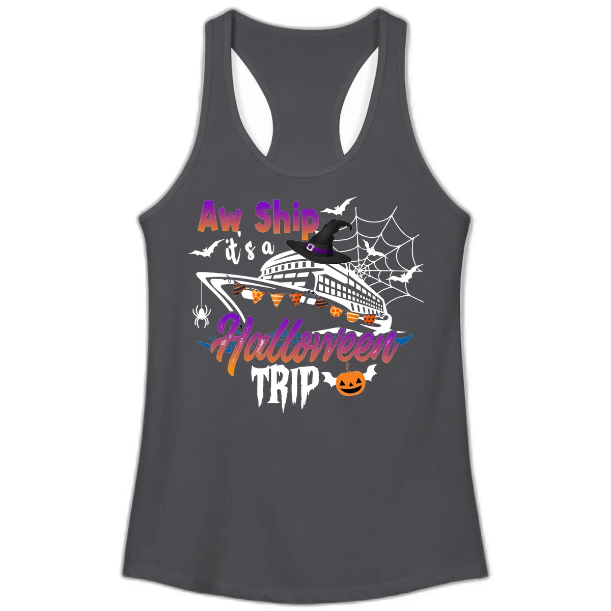 Aw Ship It's a Halloween Cruise Trip Ladies Tank in Solid Dark Gray
