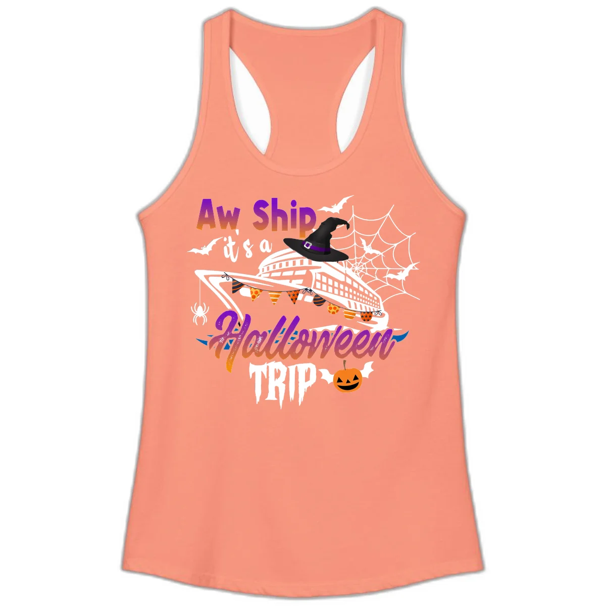 Aw Ship It's a Halloween Cruise Trip Ladies Tank in Solid Light Orange