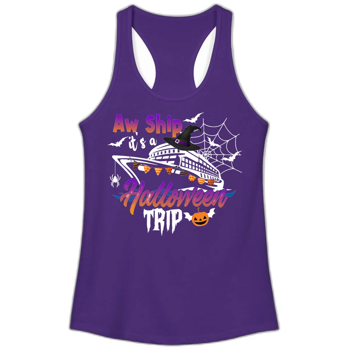 Aw Ship It's a Halloween Cruise Trip Ladies Tank in Solid Purple Rush