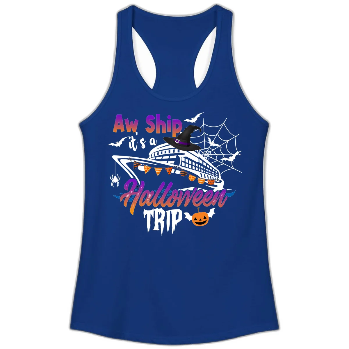 Aw Ship It's a Halloween Cruise Trip Ladies Tank in Solid Royal