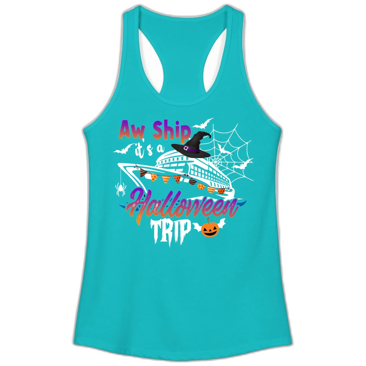 Aw Ship It's a Halloween Cruise Trip Ladies Tank in Tahiti Blue
