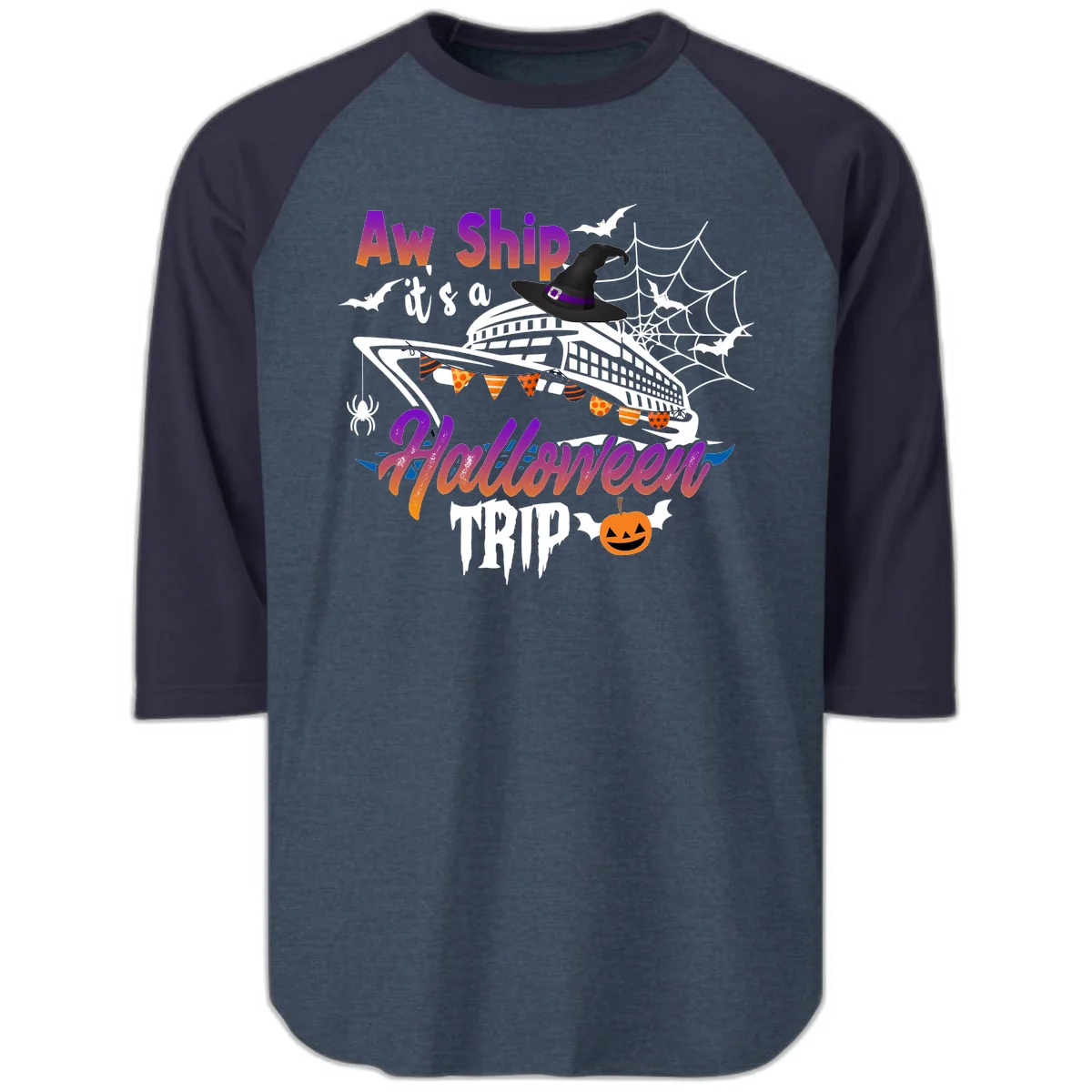 Aw Ship It's a Halloween Cruise Trip Raglan 3/4 in Heather Denim Navy