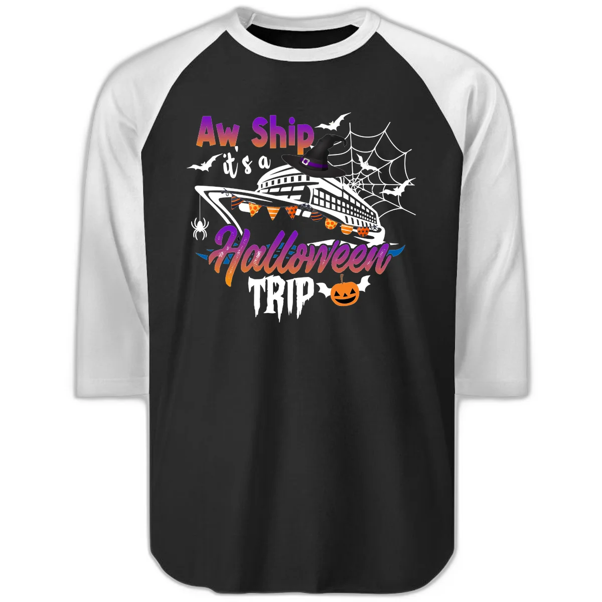 Aw Ship It's a Halloween Cruise Trip Raglan 3/4 in Black White