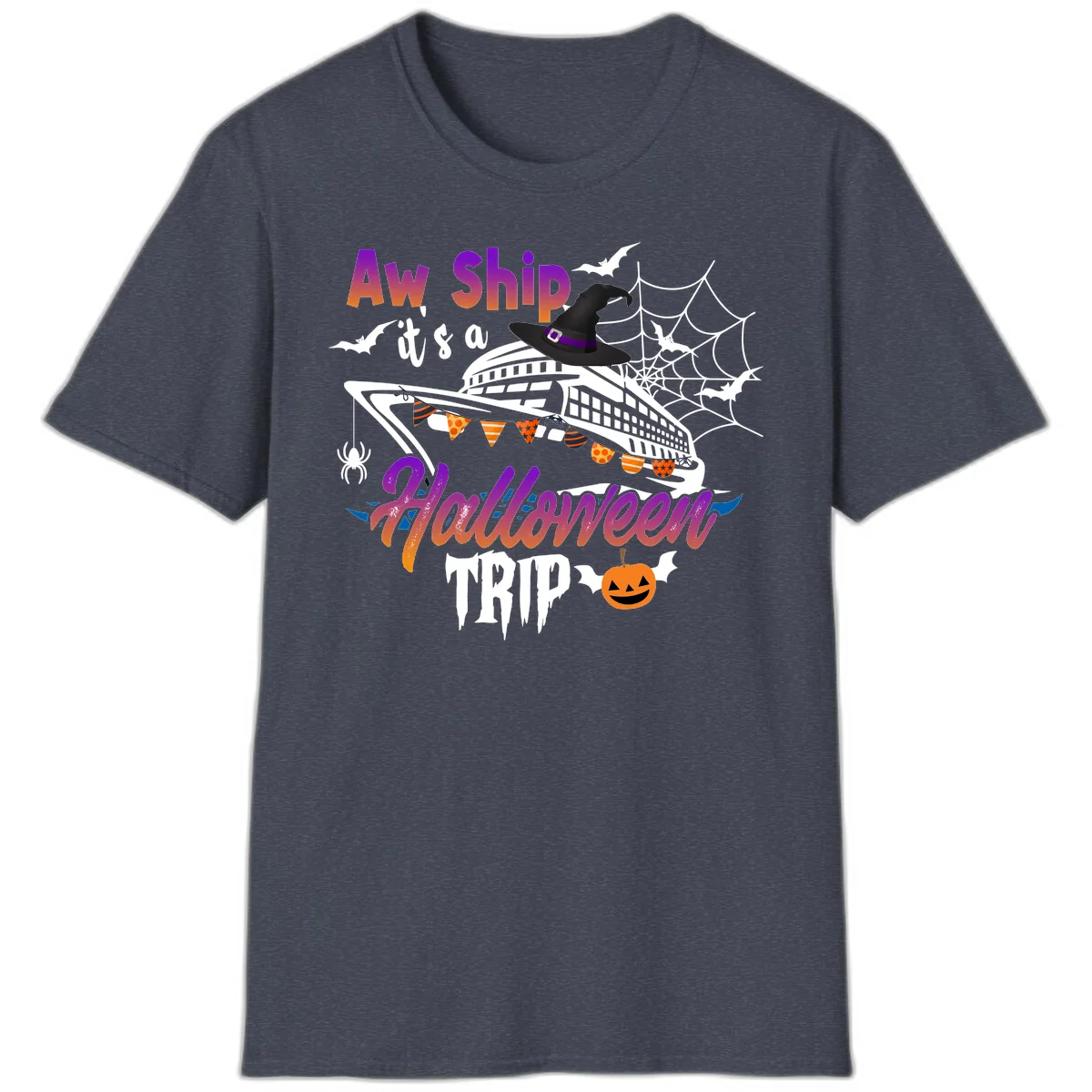 Aw Ship It's a Halloween Cruise Trip T-Shirt in Heather Navy