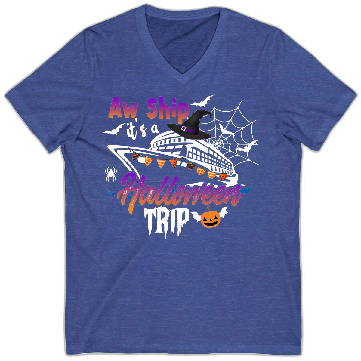 Aw Ship It's a Halloween Cruise Trip V-Neck in Heather True Royal
