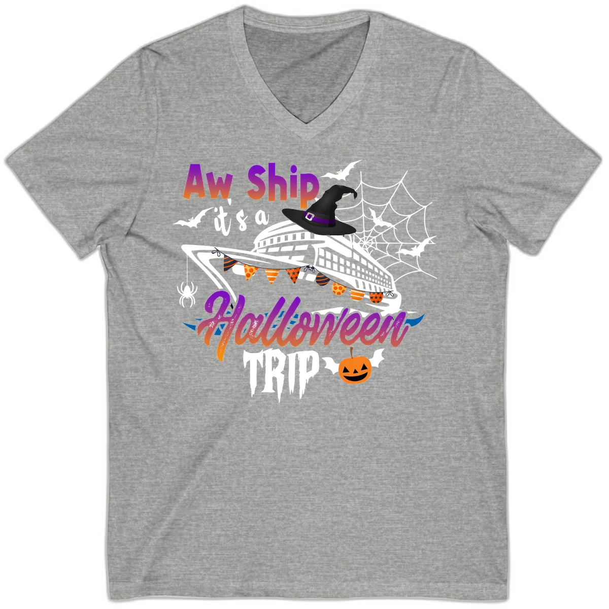Aw Ship It's a Halloween Cruise Trip V-Neck in Athletic Heather